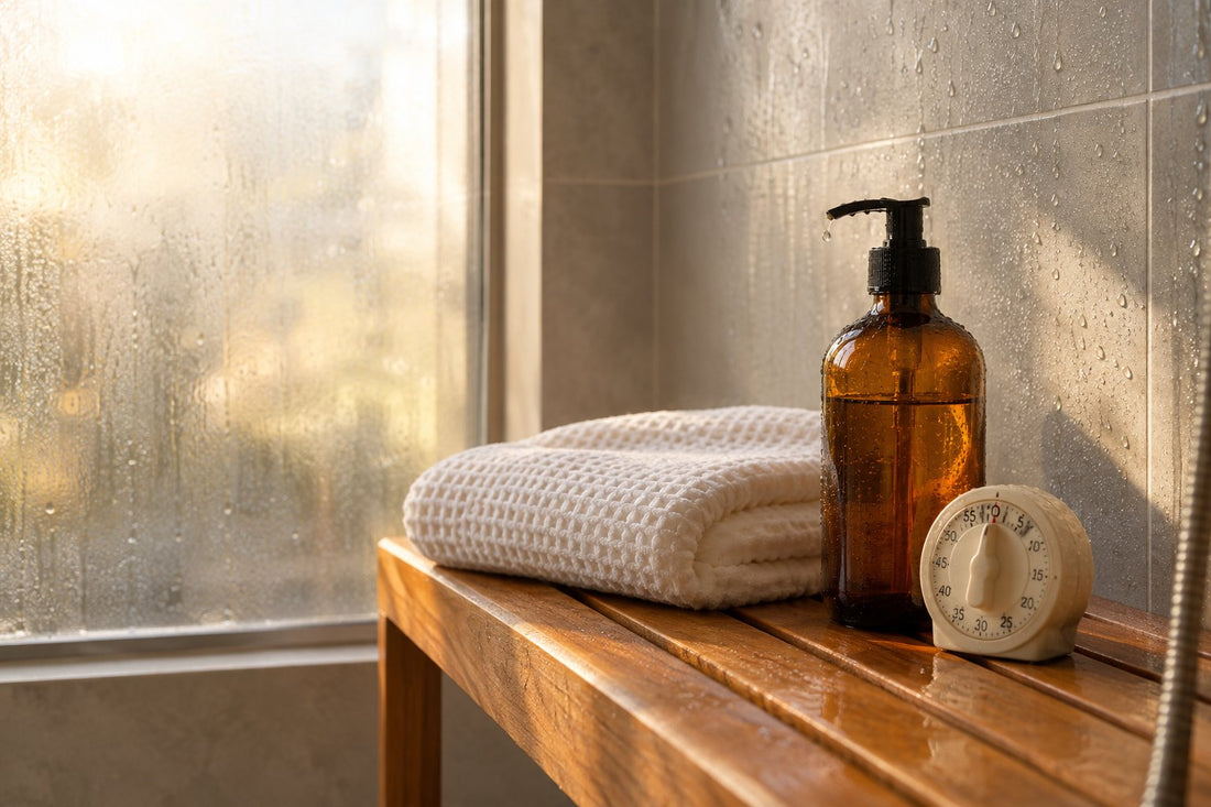 Amber body oil bottle, linen towel and timer on marble: how to apply body oil after shower