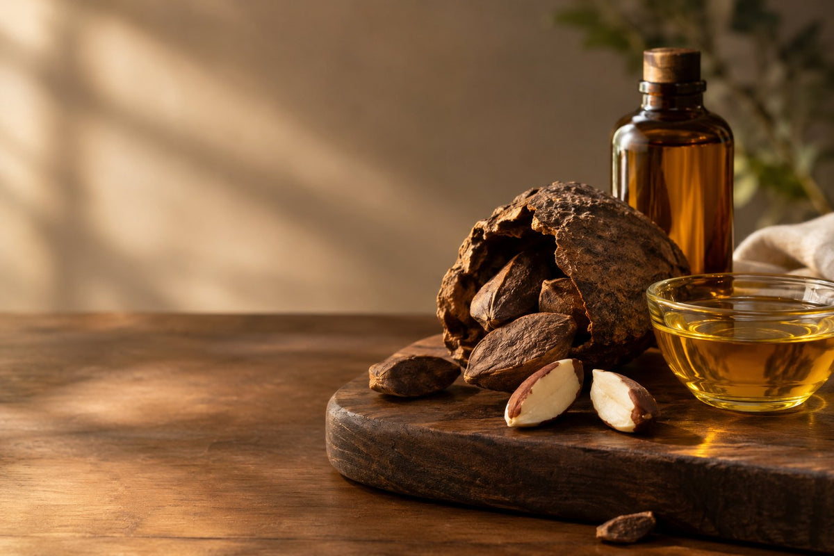 Brazil nut oil skin benefits: amber oil bottle, brazil nuts, wakame and a passionflower on warm marble