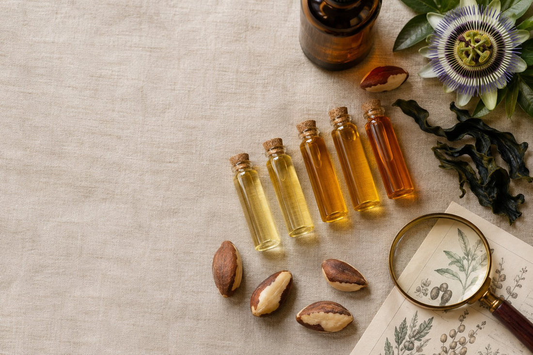 Amber bottle of body oil for mature skin beside wakame, brazil nuts and a passionflower on warm marble