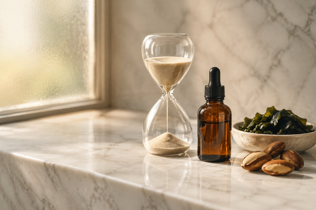 Amber body oil bottle, wakame and brazil nuts on marble, a still life about estrogen and collagen skin changes