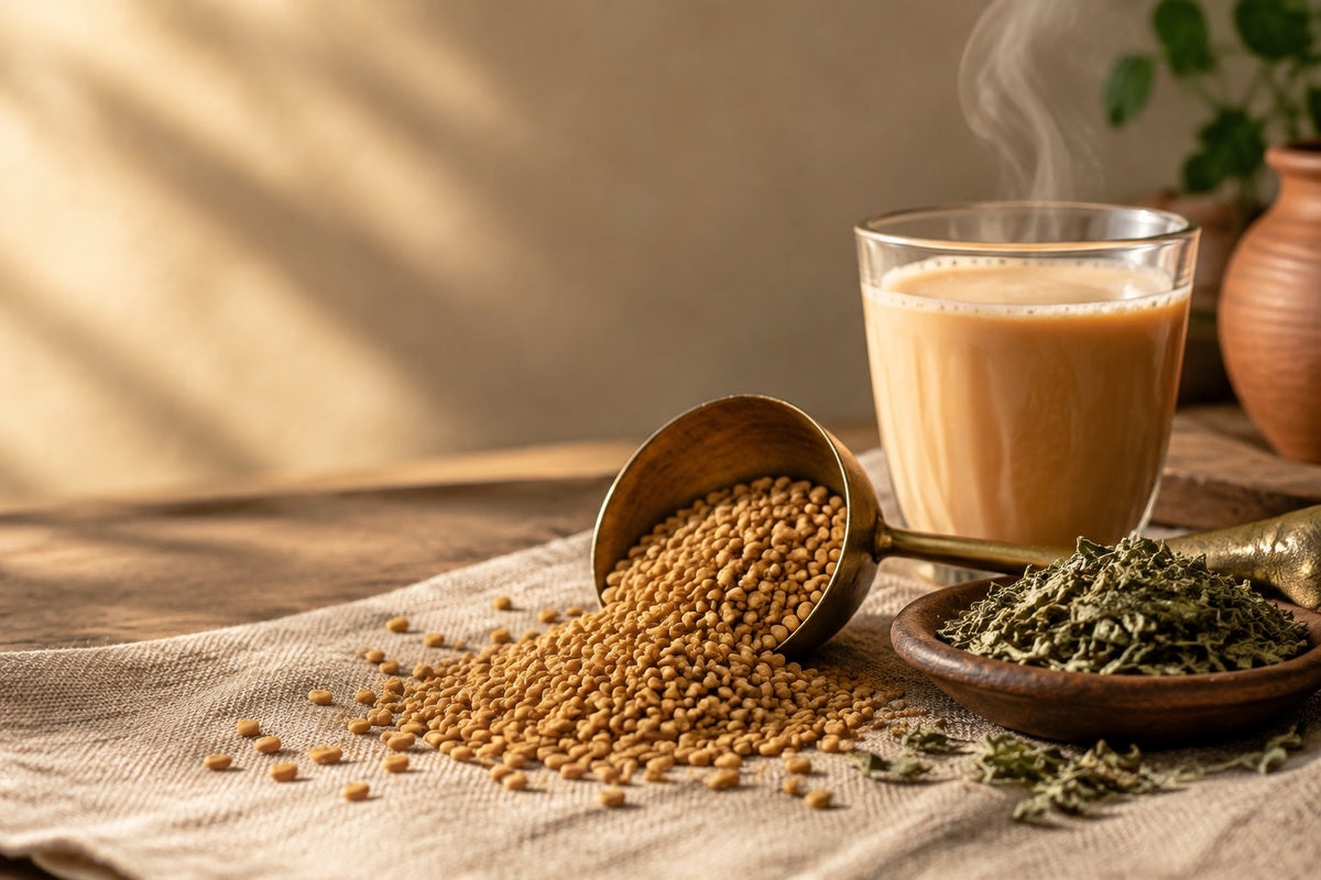 Fenugreek seeds, amber dropper bottle and coffee cup: fenugreek for women in menopause, still life