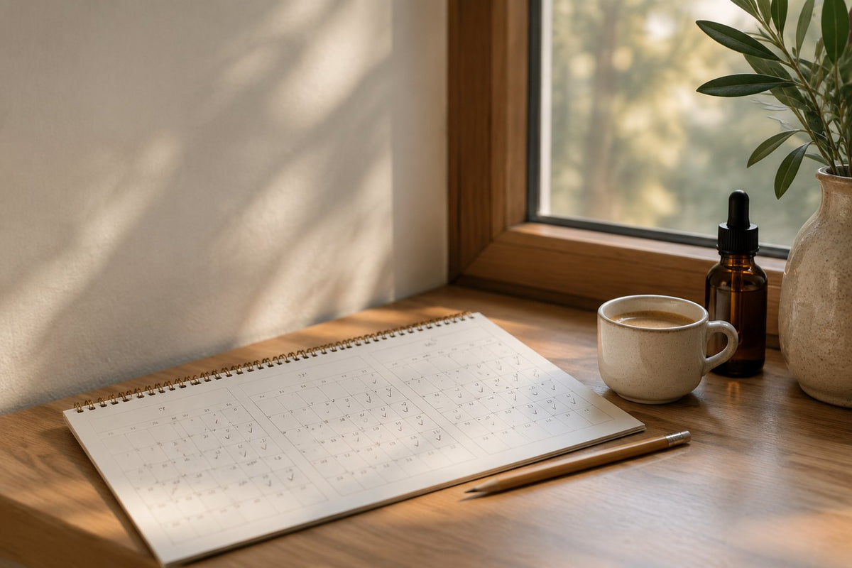 How long does it take for supplements to work: three-month calendar, amber dropper bottle and coffee cup