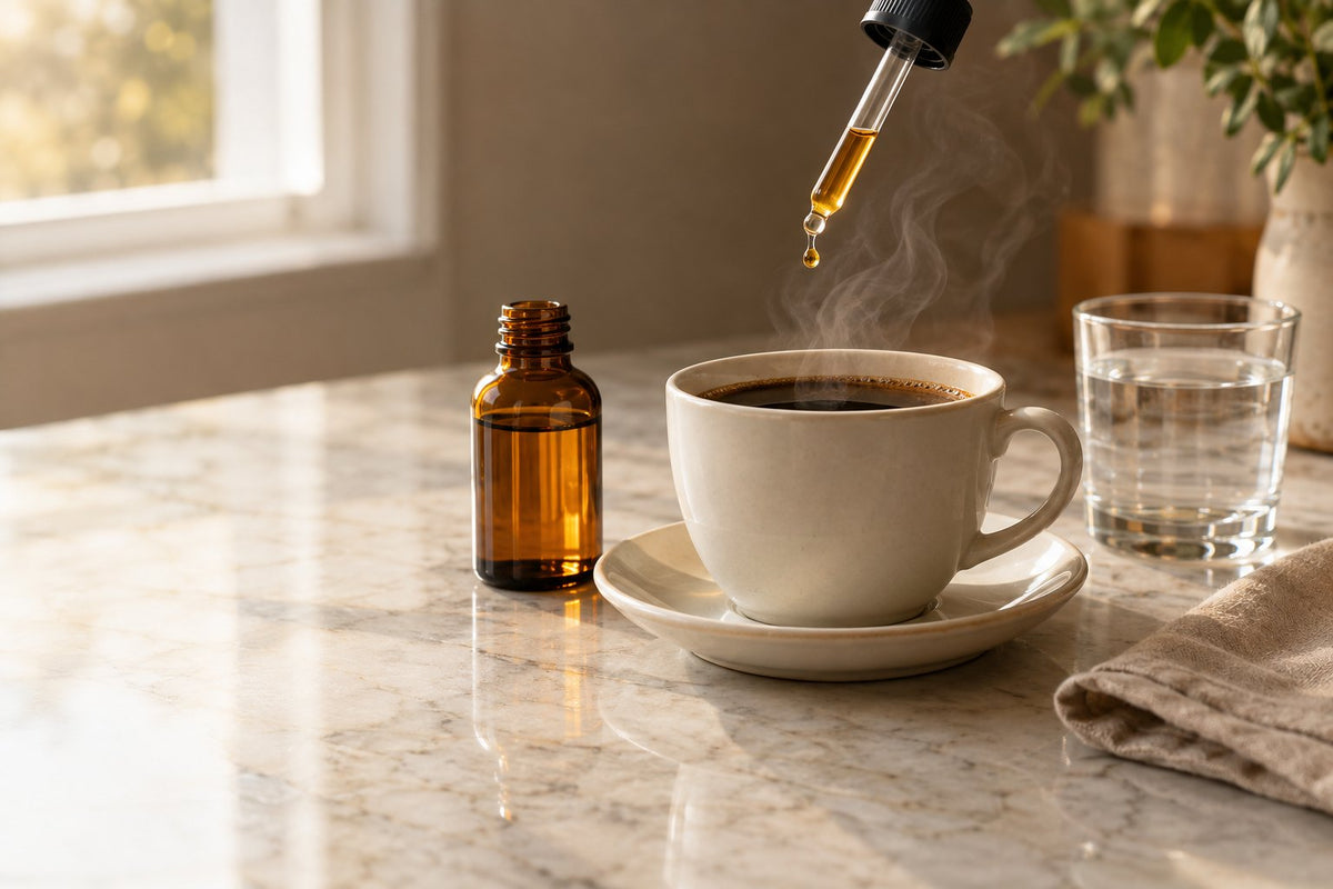 How to take liquid drops: amber dropper bottle beside a cup of coffee and a glass of water in morning light