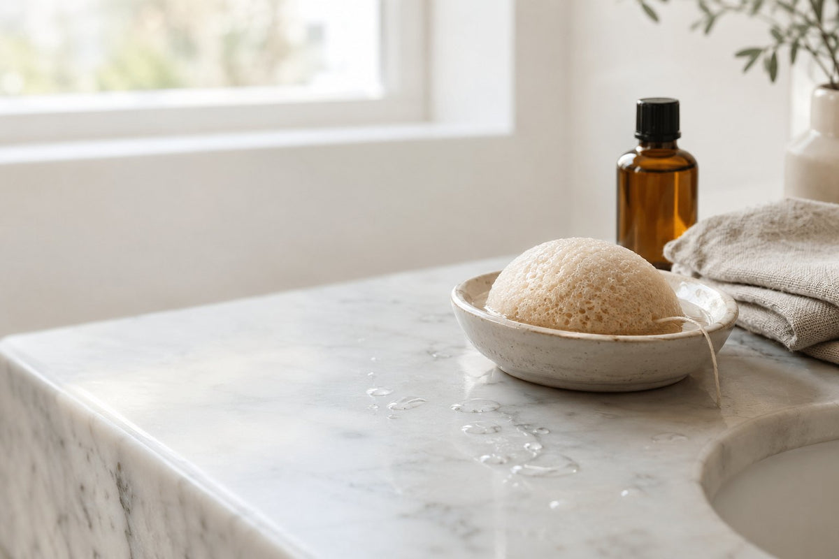 Konjac sponge exfoliation still life: soaked konjac sponge, linen towel and amber body oil bottle on marble