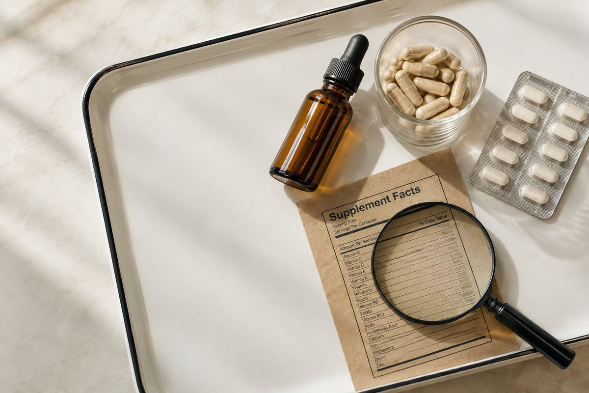 Liquid supplements vs pills: amber dropper bottle, capsules and a Supplement Facts label on a white tray