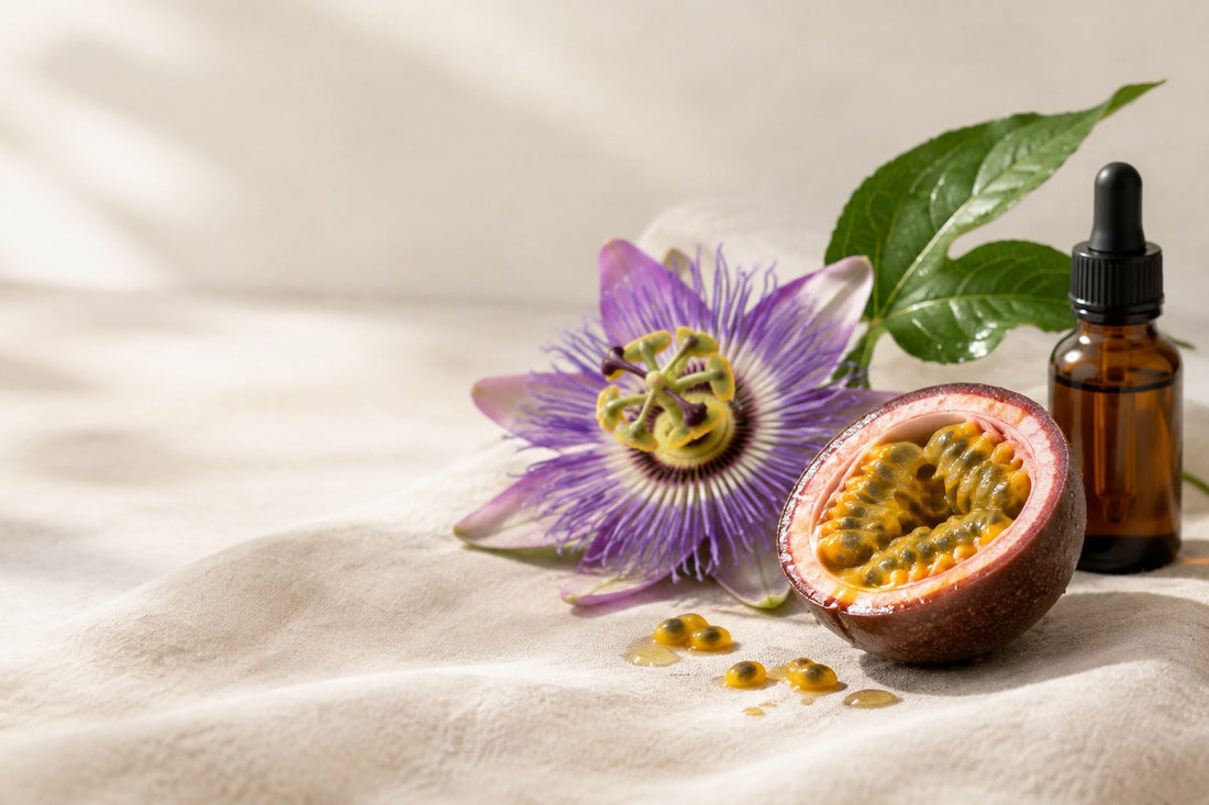 Passion flower oil skin benefits: amber body oil bottle, passionflower bloom and passion fruit seeds on linen