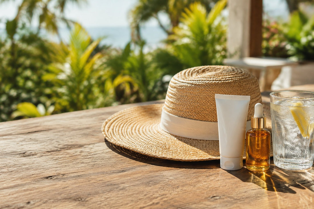 Does the sun cause crepey skin: straw hat, SPF tube and amber body oil bottle on a sunlit veranda table