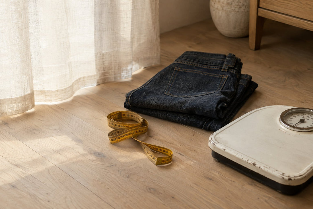 Amber dropper bottle, tape measure and jeans in morning light, illustrating menopause weight distribution