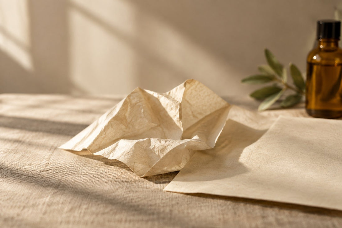 Why does skin get crepey: crumpled and smooth crepe paper beside an amber body oil bottle on warm linen