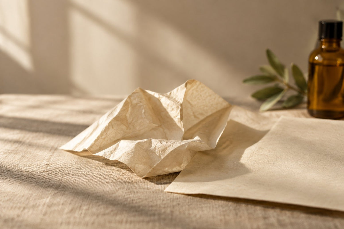 Why does skin get crepey: crumpled and smooth crepe paper beside an amber body oil bottle on warm linen