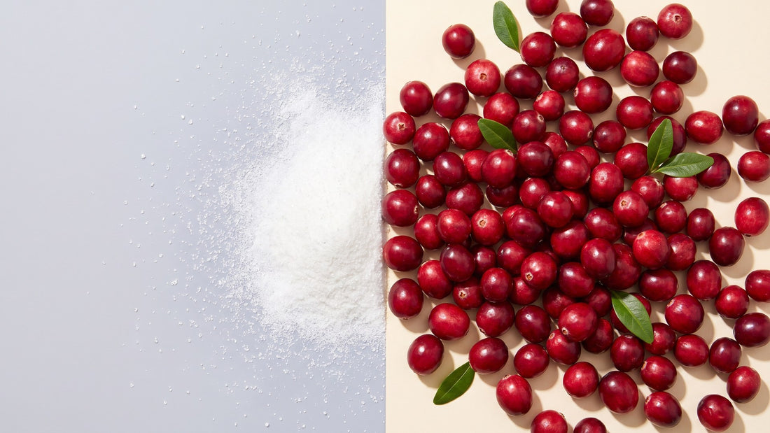 White D-mannose powder beside fresh cranberries, split down the middle - D-mannose vs cranberry PACs - ADIRA