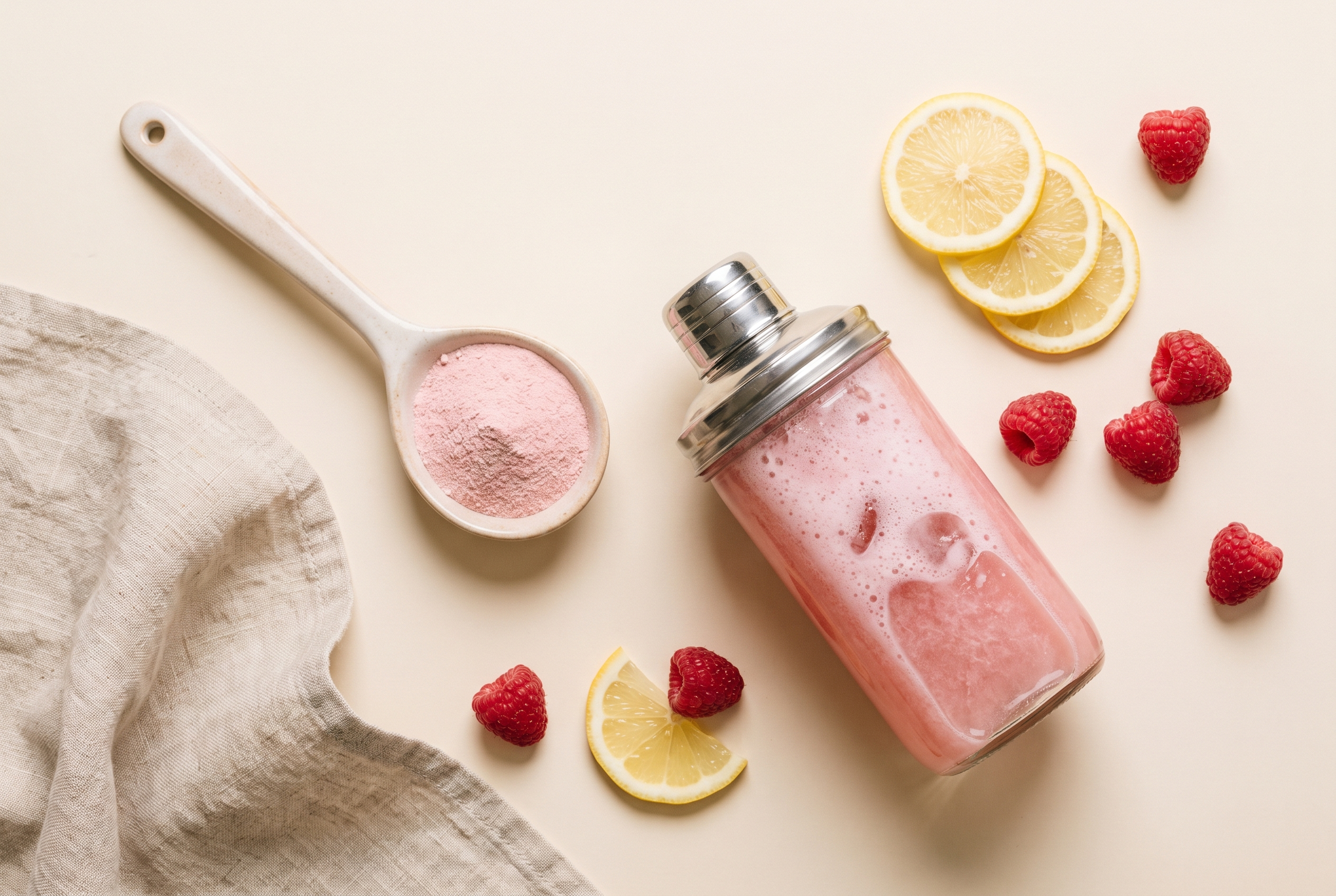 Pink creatine scoop, shaker and fruit flat lay