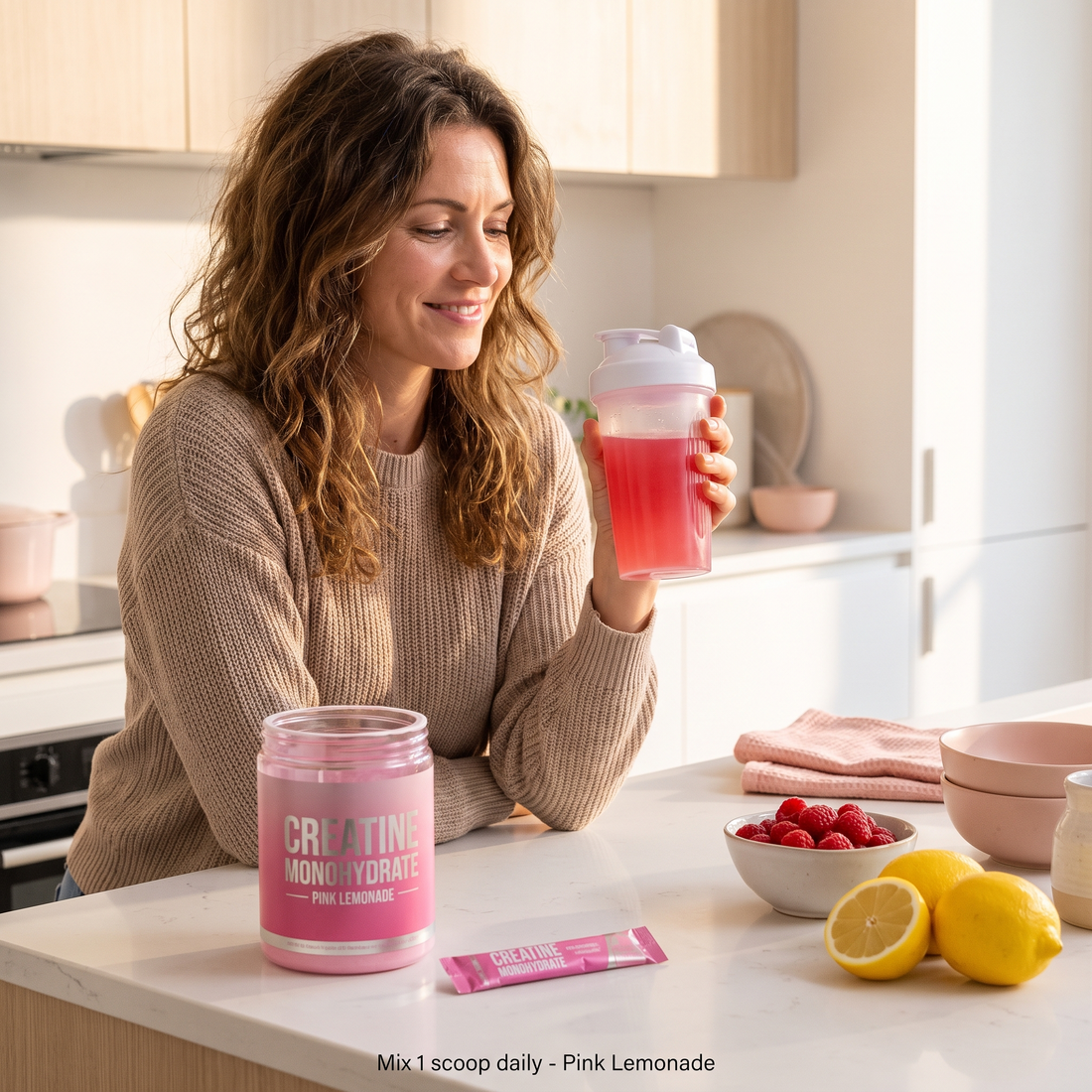 Woman mixing a pink lemonade creatine drink in her kitchen