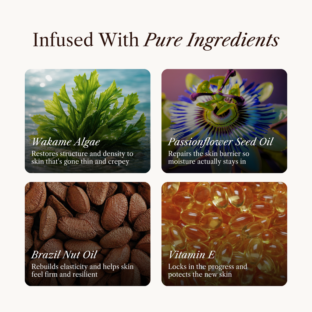 Body oil ingredients for crepey skin — wakame algae, passionflower seed oil, Brazil nut oil, vitamin E