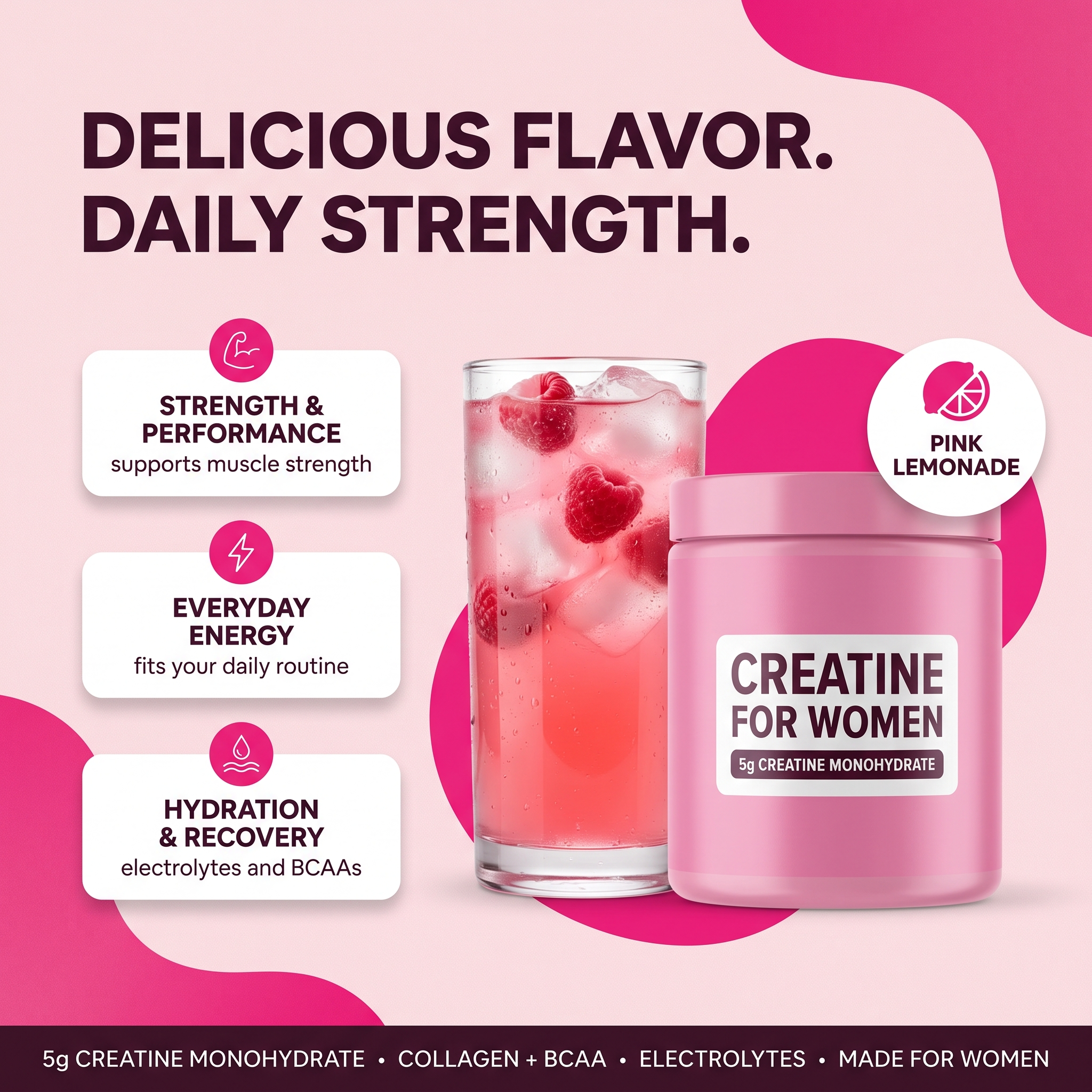 Delicious Pink Lemonade flavor — strength, energy, hydration
