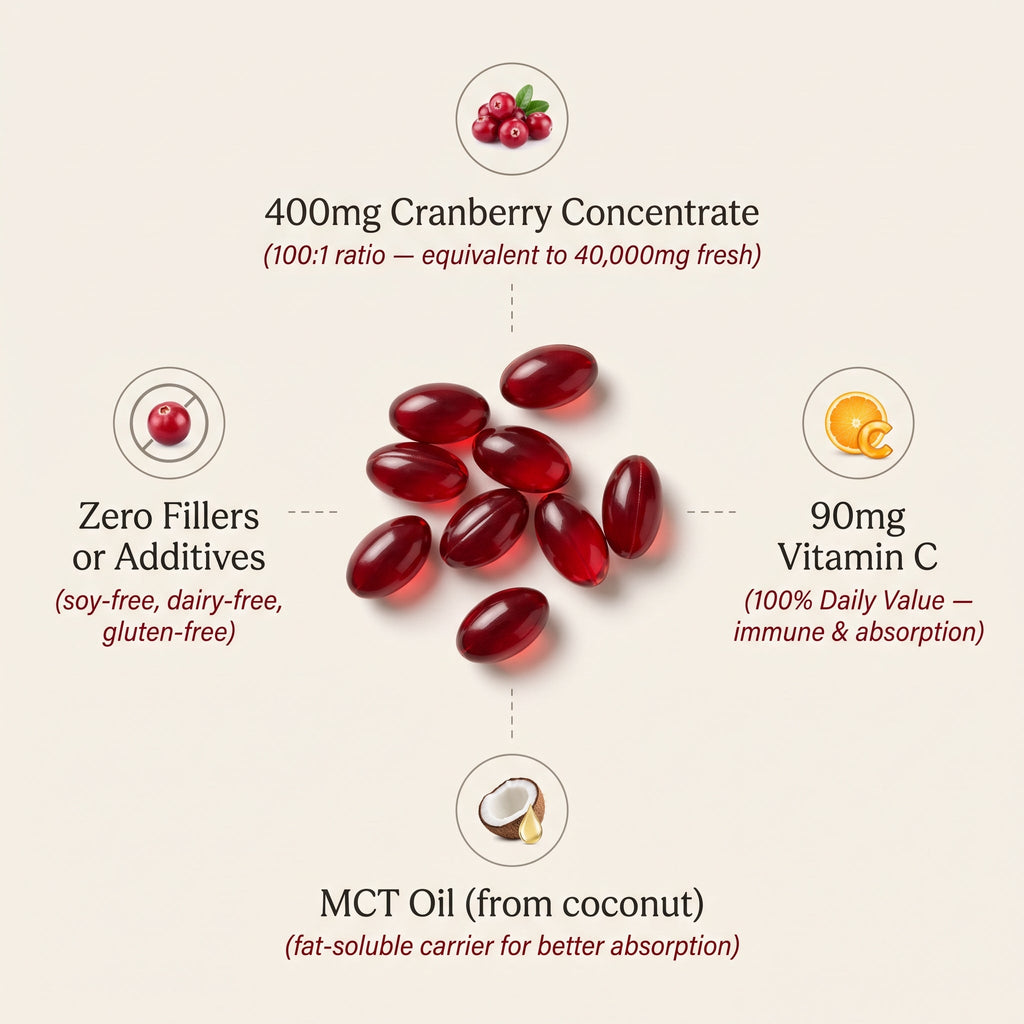 Cranberry softgel ingredients — 400mg 100:1 cranberry concentrate, 90mg vitamin C, MCT oil