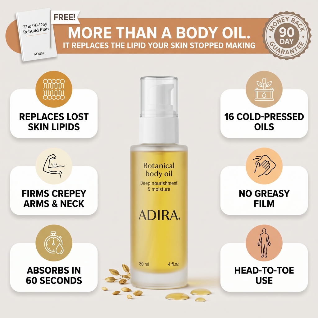 ADIRA Botanical Body Oil — replaces the lipid your skin stopped making infographic