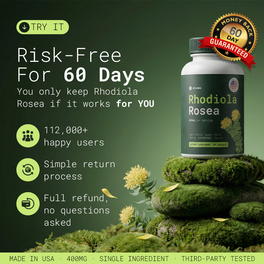 ADIRA rhodiola rosea capsules, vegan and non-GMO, made in the USA