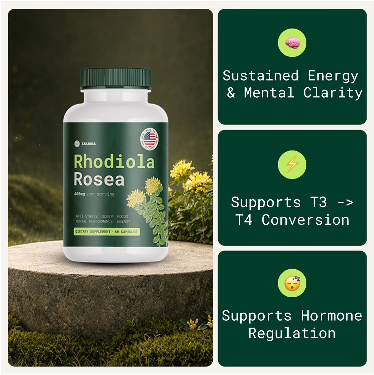 ADIRA Rhodiola Rosea supplement bottle, adaptogen capsules made in the USA