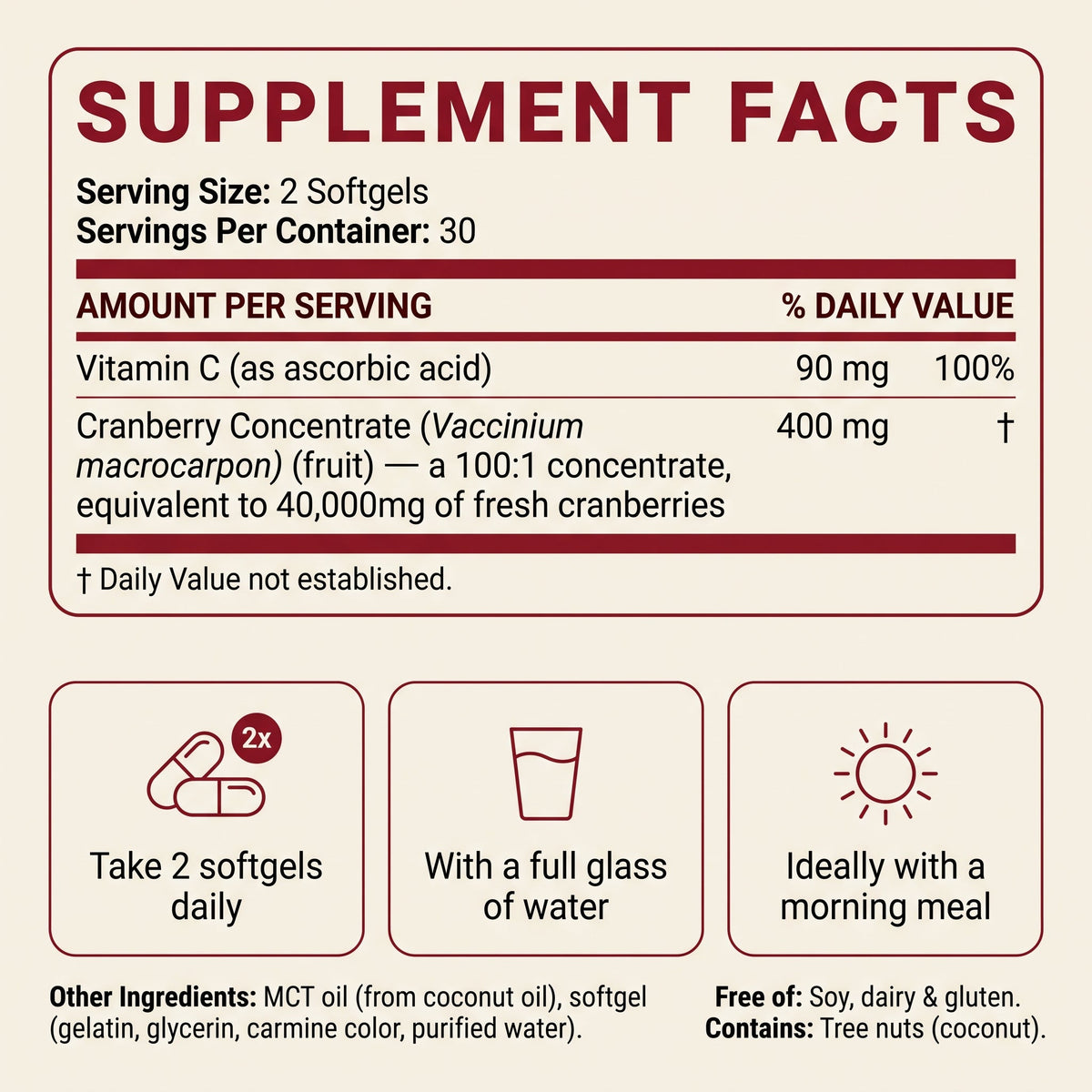 ADIRA Cranberry Concentrate supplement facts — 2 softgels, 30 servings, 400mg cranberry, vitamin C
