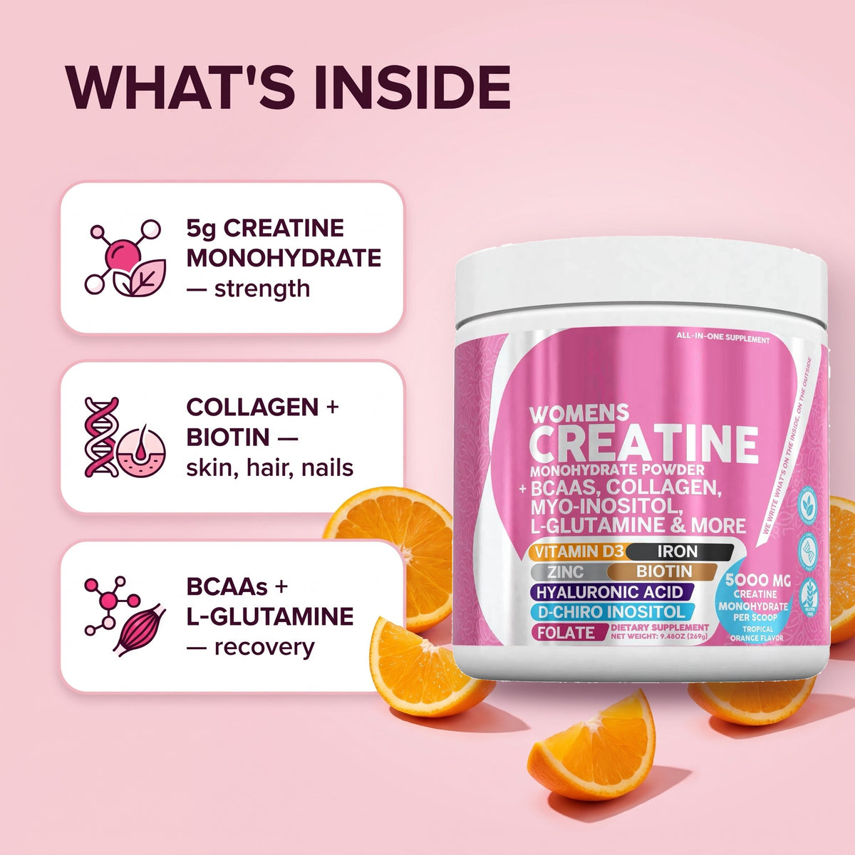 What's inside: 5g creatine, collagen + biotin, BCAAs + L-glutamine