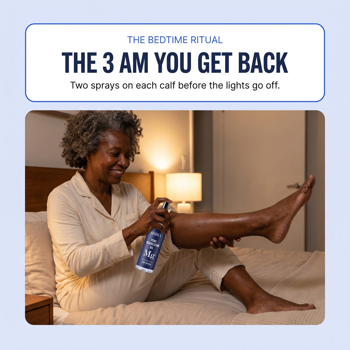 Woman spraying magnesium oil on her calf at bedtime