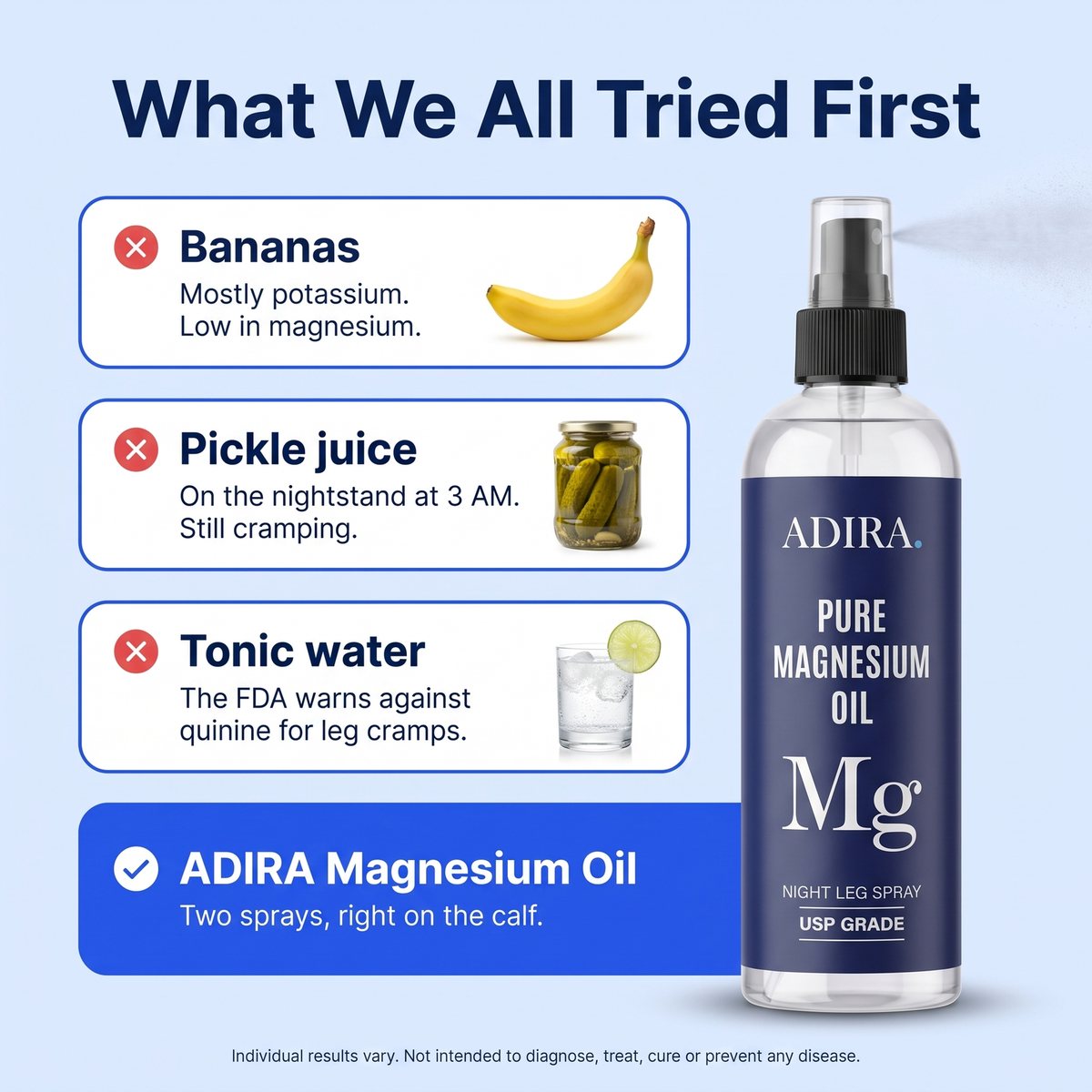 Bananas, pickle juice and tonic water vs ADIRA magnesium oil