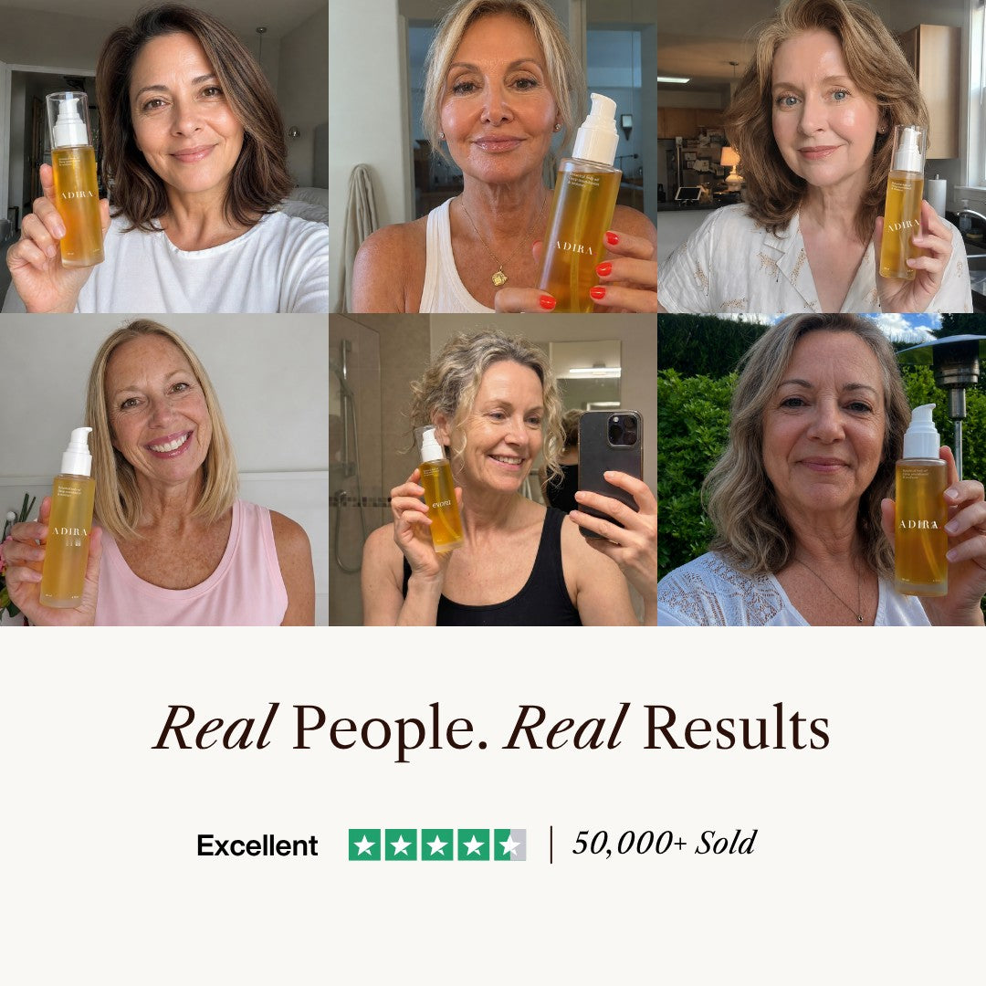 Real people, real results - customers holding ADIRA Botanical Body Oil