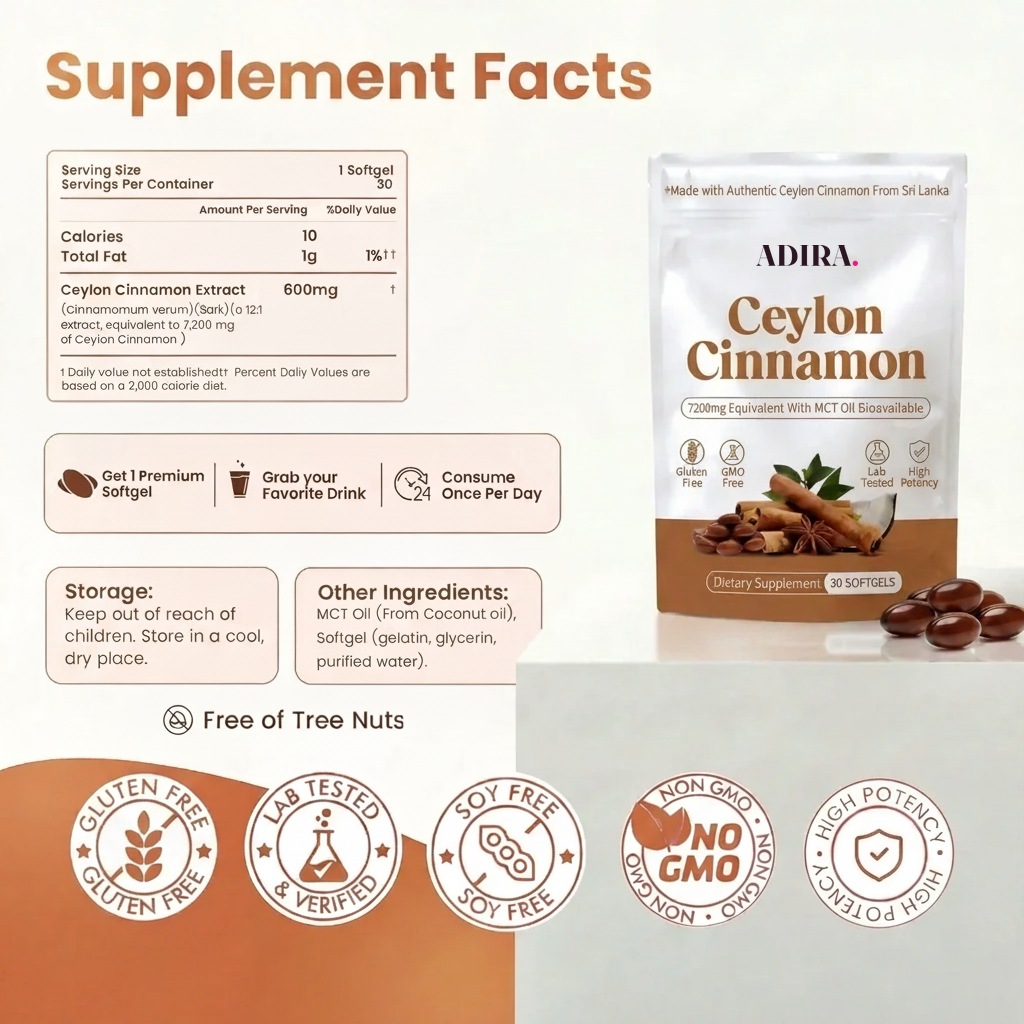 ADIRA Ceylon Cinnamon supplement facts panel