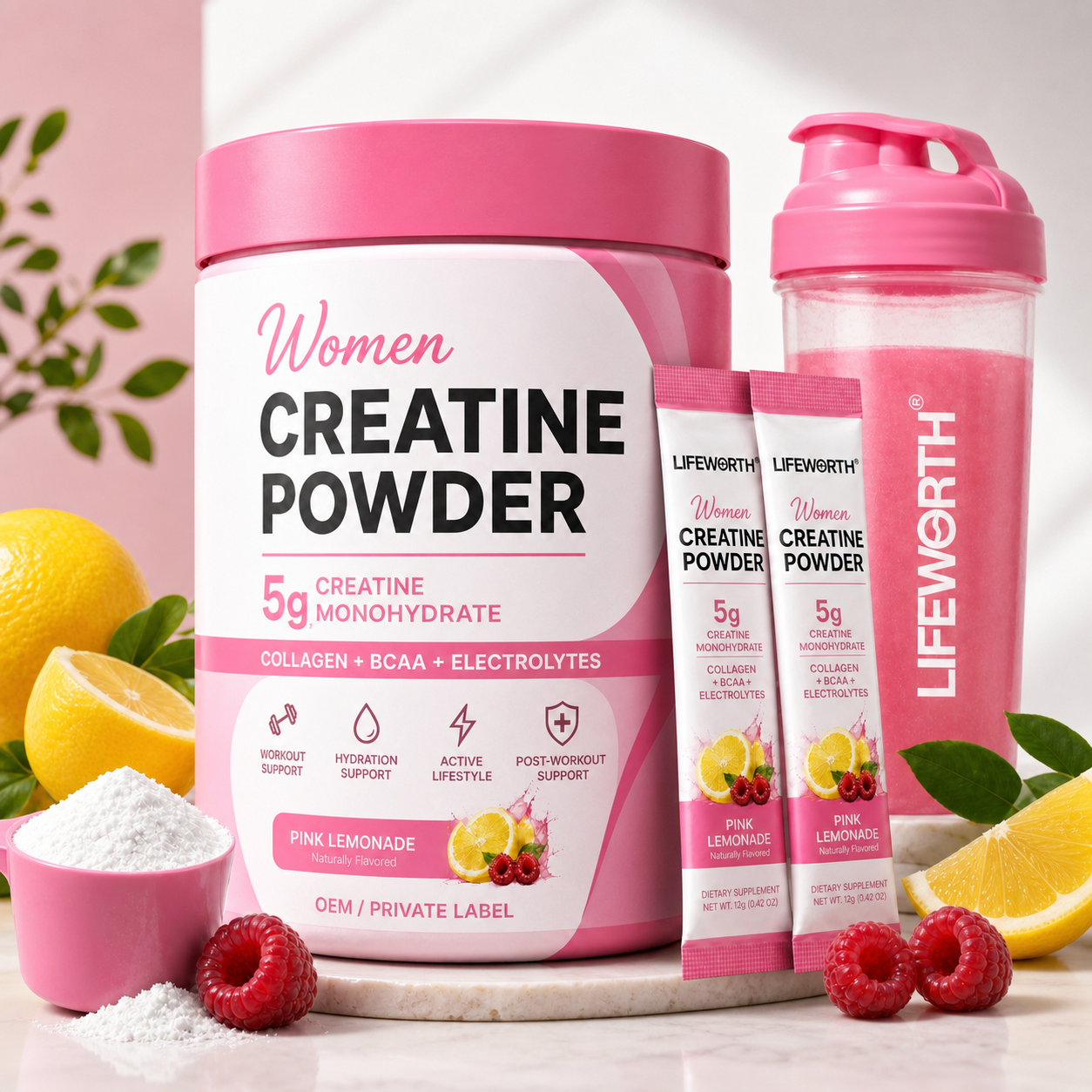 ARENA Creatine for Women powder tub with pink shaker and stick packs — Pink Lemonade