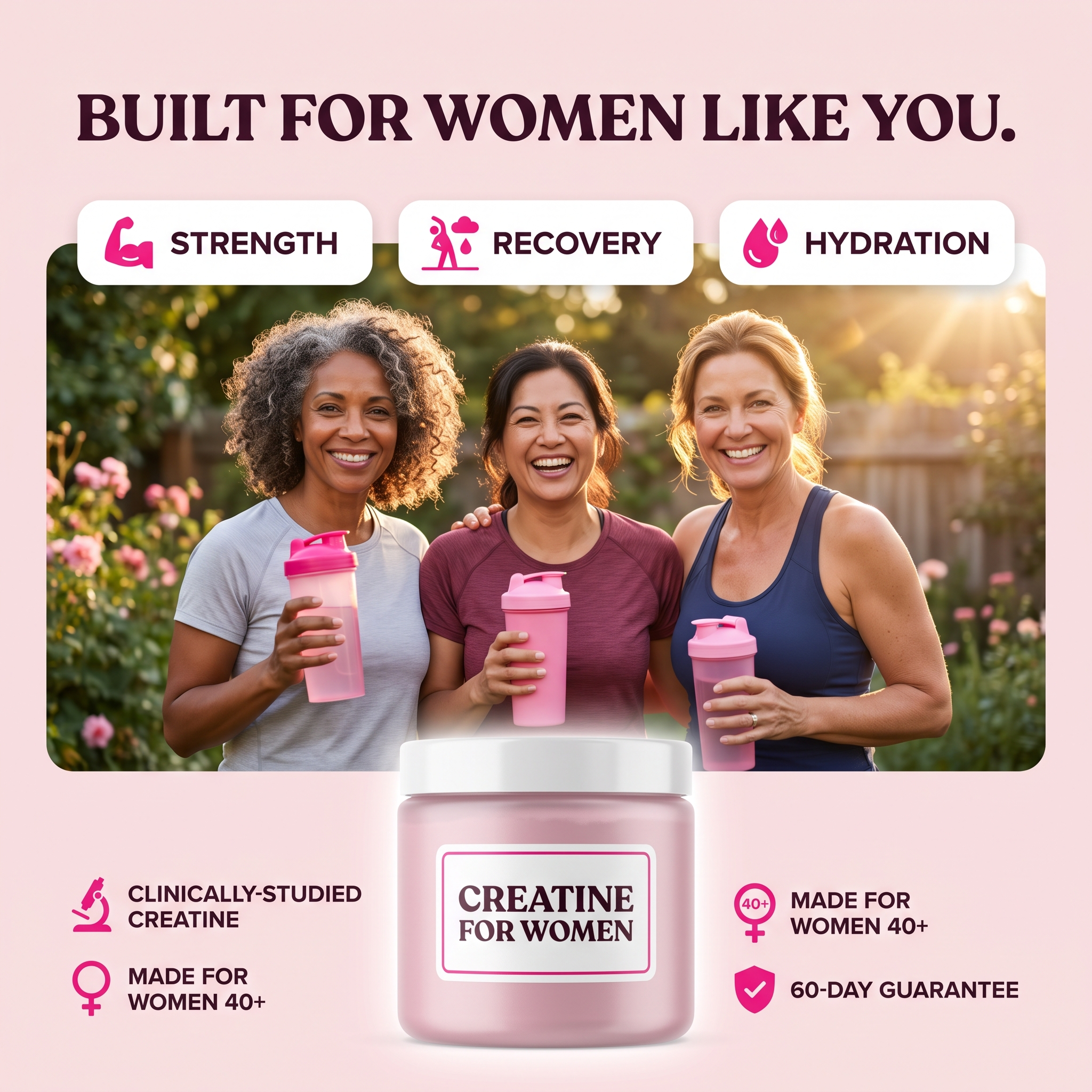 Built for women 40+ — strength, recovery, hydration