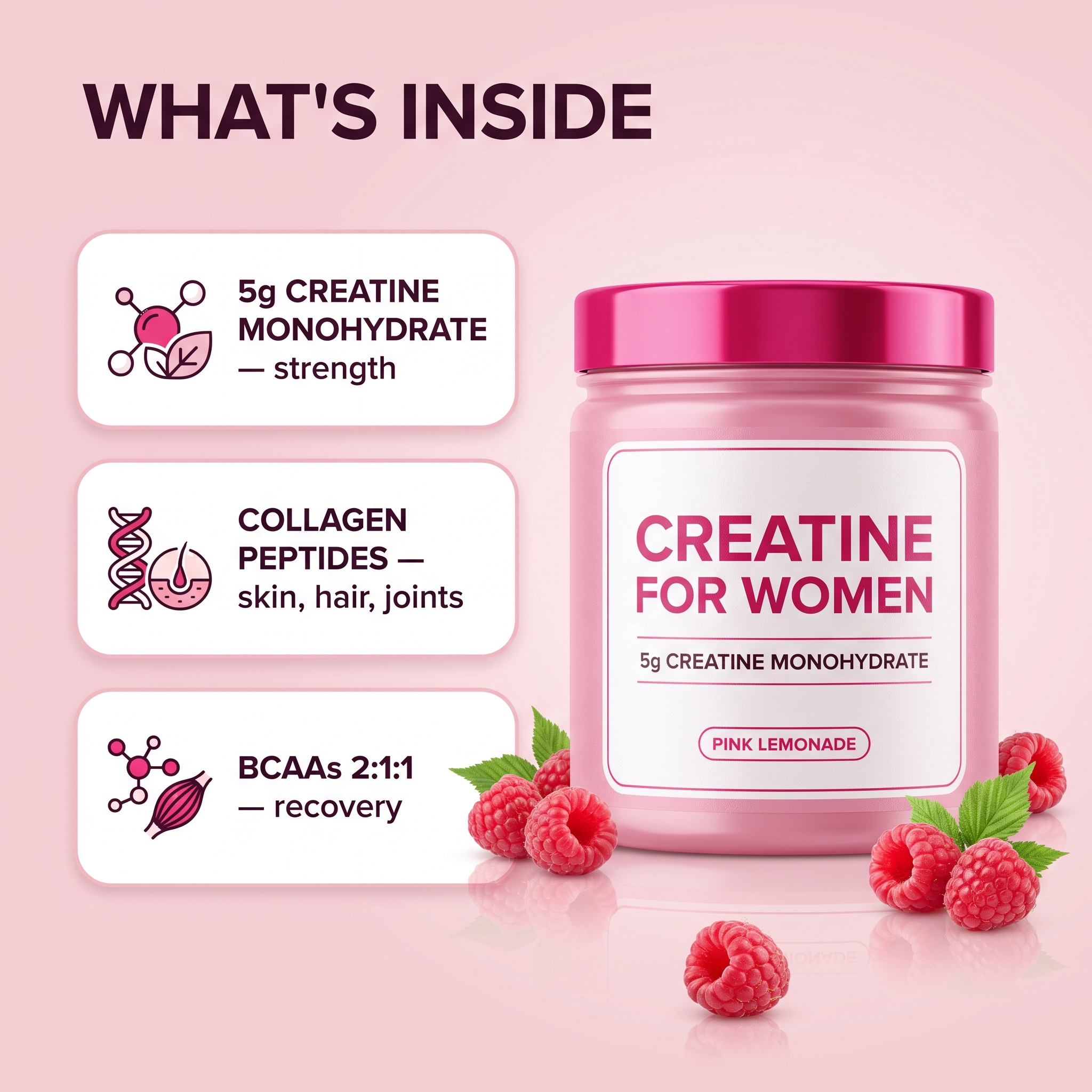 What's inside: 5g creatine monohydrate, collagen peptides, BCAAs